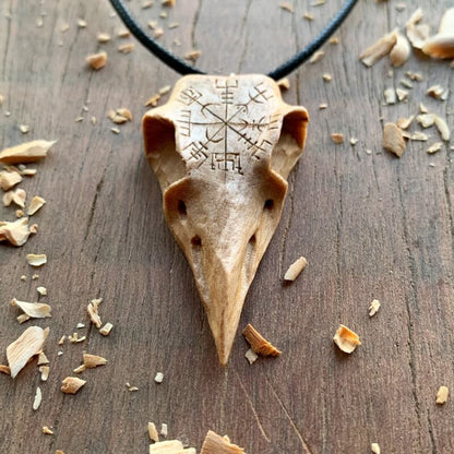 vkngjewelry Pendant Unique Walnut Wood Raven's Skull With Vegvisir Pendant