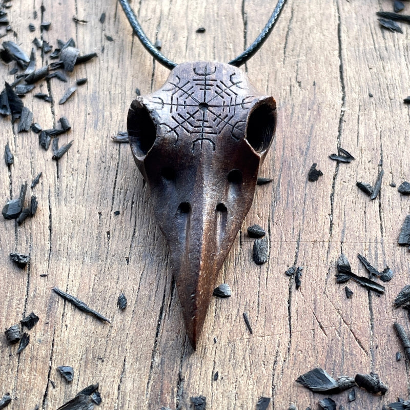 vkngjewelry Pendant Handcarved Unique Walnut Wood Raven Skull Aegishjalmur Pendant