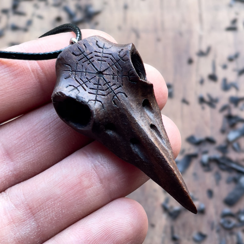 vkngjewelry Pendant Handcarved Unique Walnut Wood Raven Skull Aegishjalmur Pendant