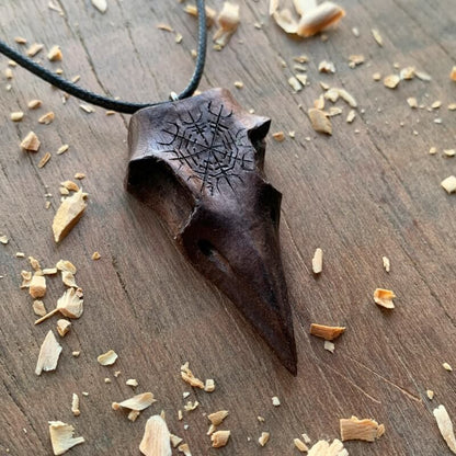 vkngjewelry Pendant Unique Walnut Wood Raven Skull Aegishjalmur Pendant