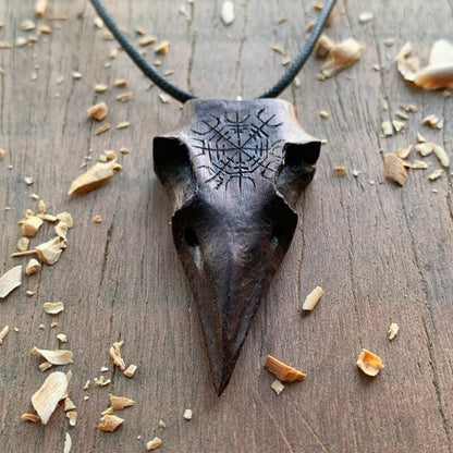 vkngjewelry Pendant Unique Walnut Wood Raven Skull Aegishjalmur Pendant