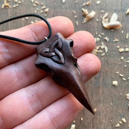 vkngjewelry Pendant Unique Walnut Wood Raven Skull Triquetra Pendant