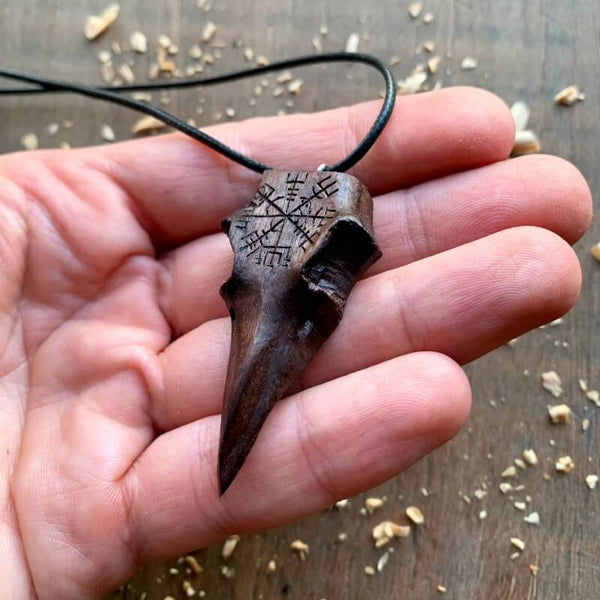 Unique Walnut Wood Raven Skull Vegvisir Pendant Handcrafted