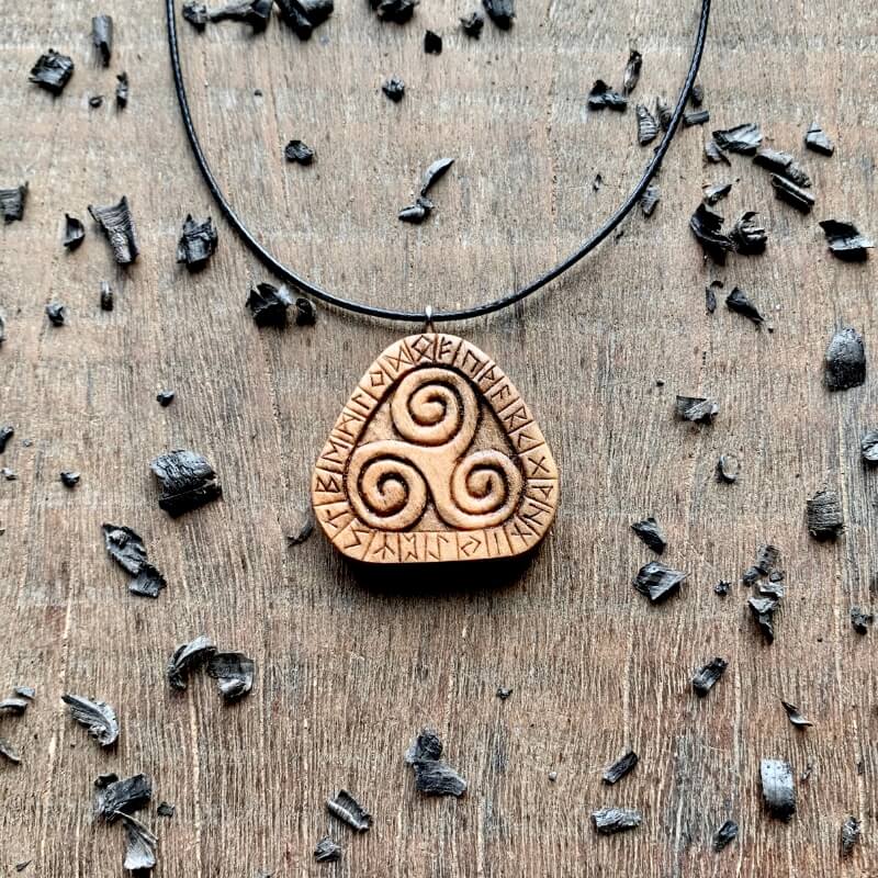 vkngjewelry Pendant Unique Walnut Wood Runes Triskelion Pendant