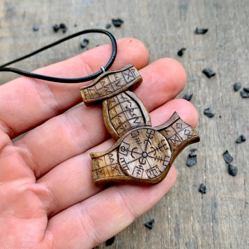 vkngjewelry Pendant Unique Walnut Wood Runic Mjolnir Vegvisir Pendant