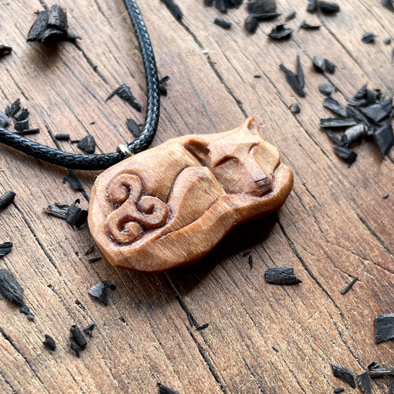 vkngjewelry Pendant Handcarved Unique Walnut Wood Sleeping Fox Triskelion Pendant