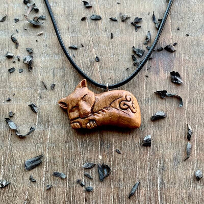 vkngjewelry Pendant Unique Walnut Wood Sleeping Fox Triskelion Pendant