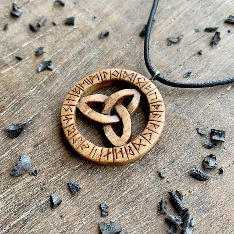 vkngjewelry Pendant Unique Walnut Wood Triquetra and Runes Pendant