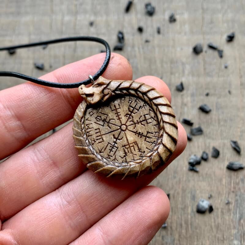 vkngjewelry Pendant Unique Walnut Wood Uroboro Vegvisir Runes Pendant