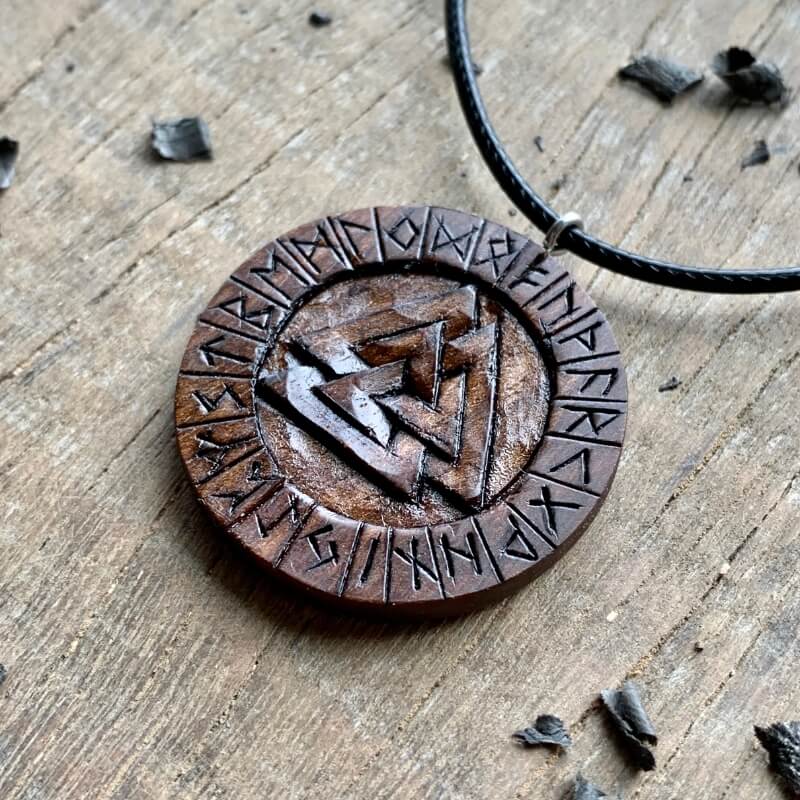 vkngjewelry Pendant Unique Walnut Wood Valknut and Runes Pendant