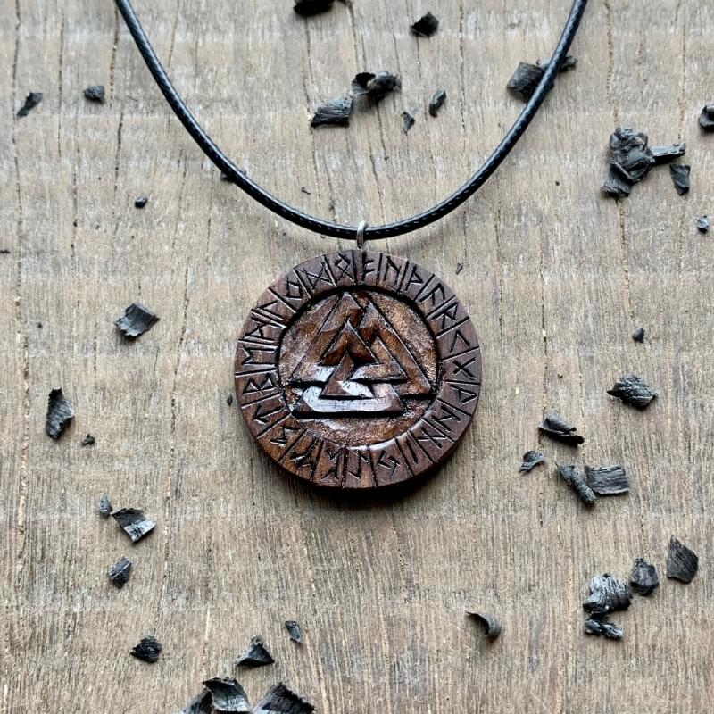 vkngjewelry Pendant Unique Walnut Wood Valknut and Runes Pendant