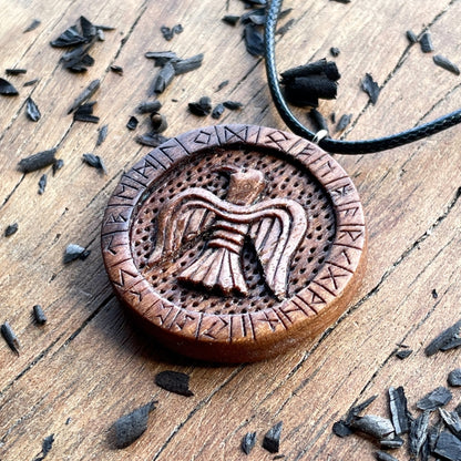 vkngjewelry Pendant Handcarved Unique Walnut Wood Viking Style Raven With Runes Pendant