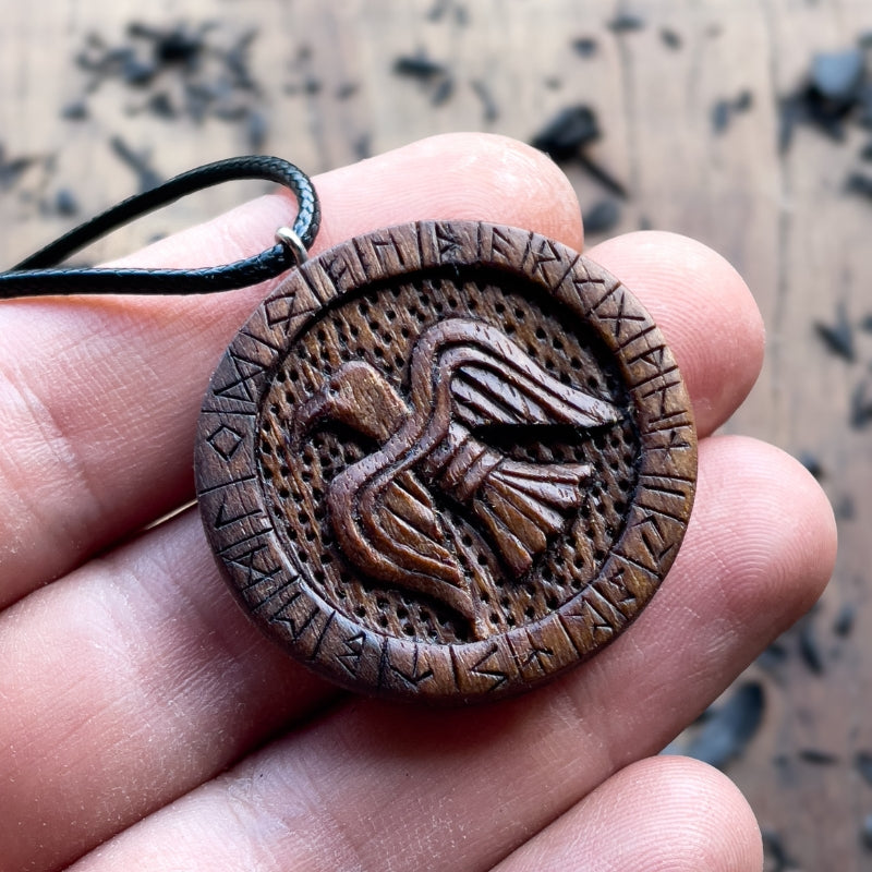 vkngjewelry Pendant Handcarved Unique Walnut Wood Viking Style Raven With Runes Pendant