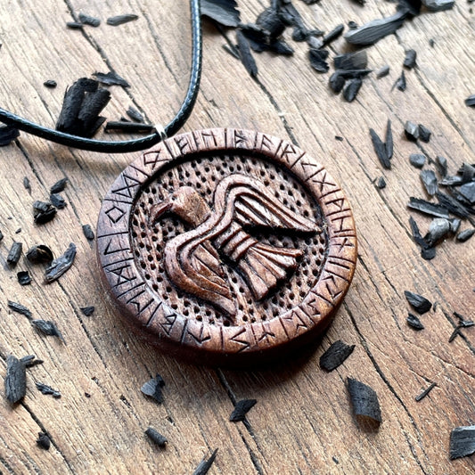 vkngjewelry Pendant Handcarved Unique Walnut Wood Viking Style Raven With Runes Pendant