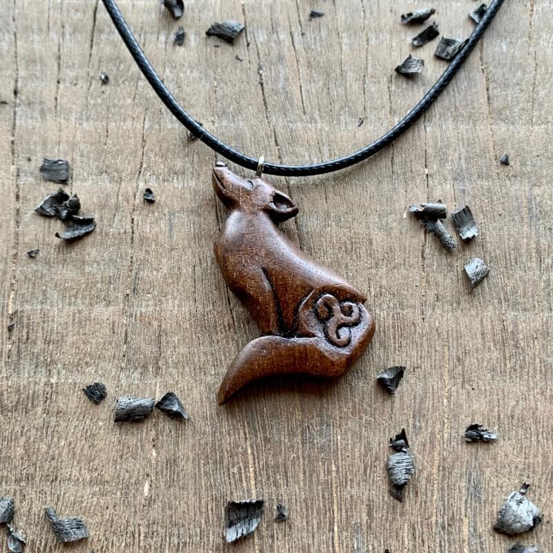 vkngjewelry Pendant Unique Walnut Wood Wolf and Triskelion  Pendant