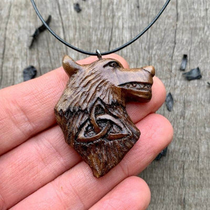 vkngjewelry Pendant Unique Walnut Wood Wolf Head and Triquetra Pendant