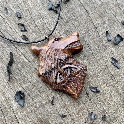 vkngjewelry Pendant Unique Walnut Wood Wolf Head and Triquetra Pendant