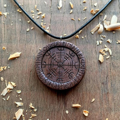 vkngjewelry Pendant Unique Wood Aegishjalmur Runes Pendant