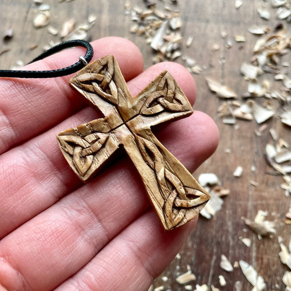 Unique Wood Celtic Cross Triquetra Pendant | Handcarved | VKNG