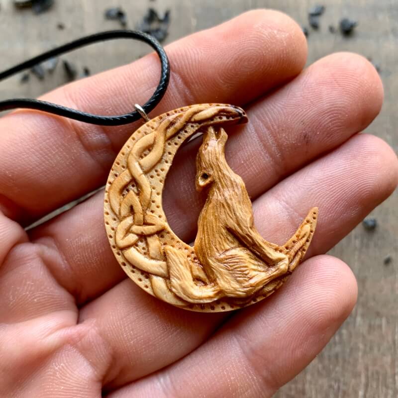 vkngjewelry Pendant Unique Wood Celtic Wolf On The Moon With Triquetra Pendant Style 2