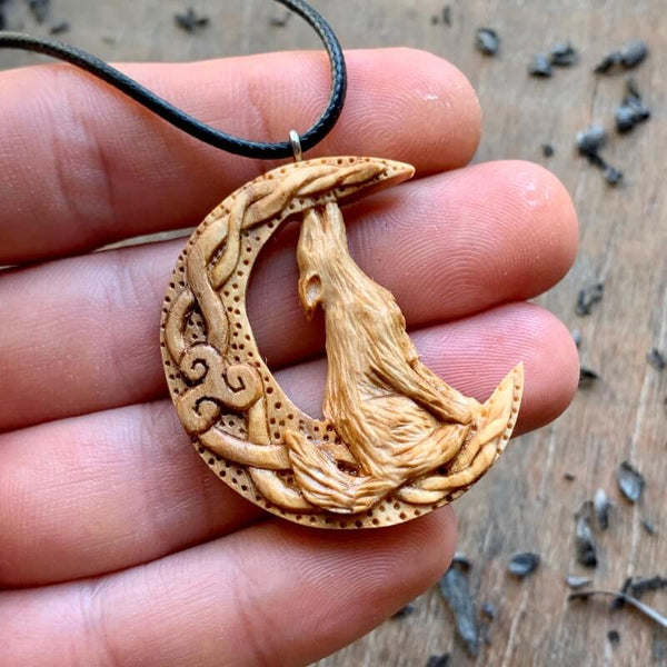 Eternal Moonlight Custom Necklace Unique Wood Celtic Wolf On The