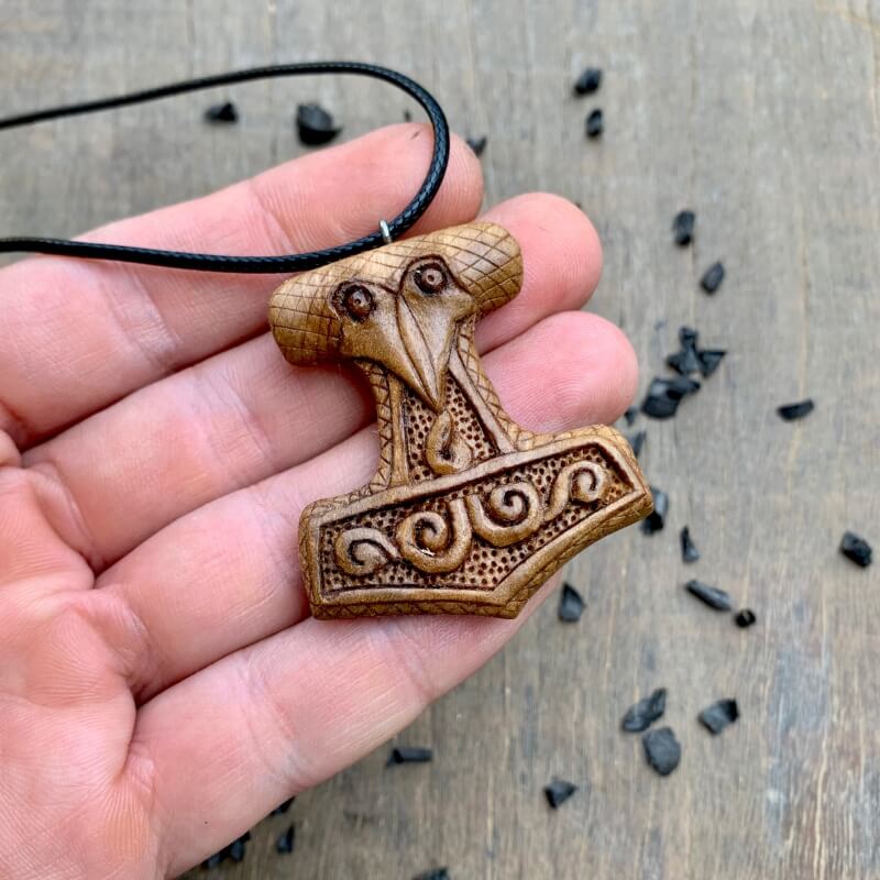 vkngjewelry Pendant Unique Wood Mjolnir Raven's Head Pendant