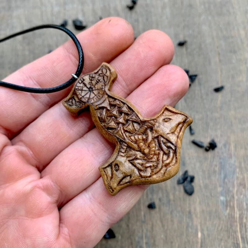 vkngjewelry Pendant Unique Wood Mjolnir With  Goats Pendant