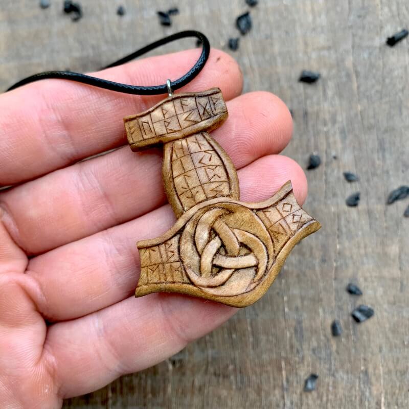 vkngjewelry Pendant Unique Wood Walnut Runic Mjolnir Odin's Horns Pendant