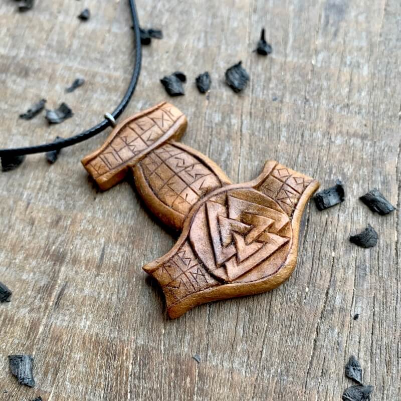 vkngjewelry Pendant Unique Wood Runic Mjolnir Valknut Pendant