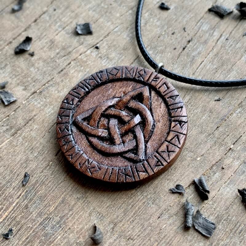 vkngjewelry Pendant Unique Wood Triquetra and Runes Pendant