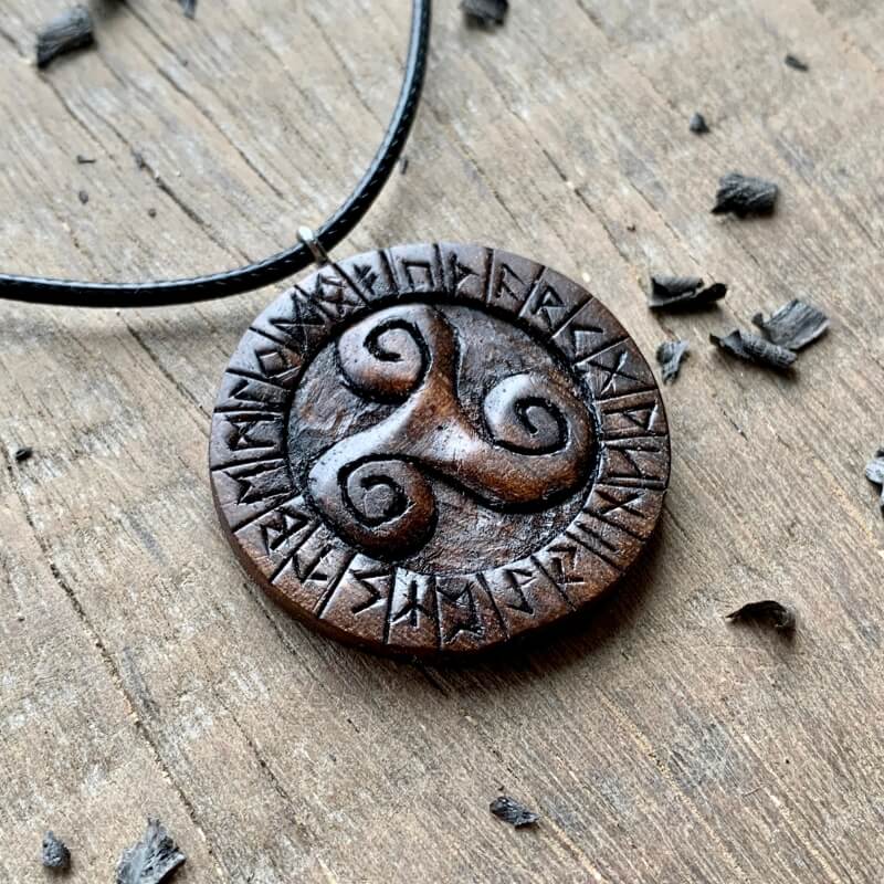 vkngjewelry Pendant Unique Wood Triskelion and Runes Pendant