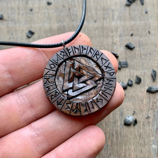 vkngjewelry Pendant Unique Wood Valknut and Runes Pendant Style 2