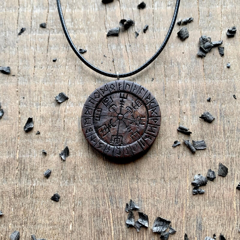 vkngjewelry Pendant Unique Wood Vegvisir Runes Pendant