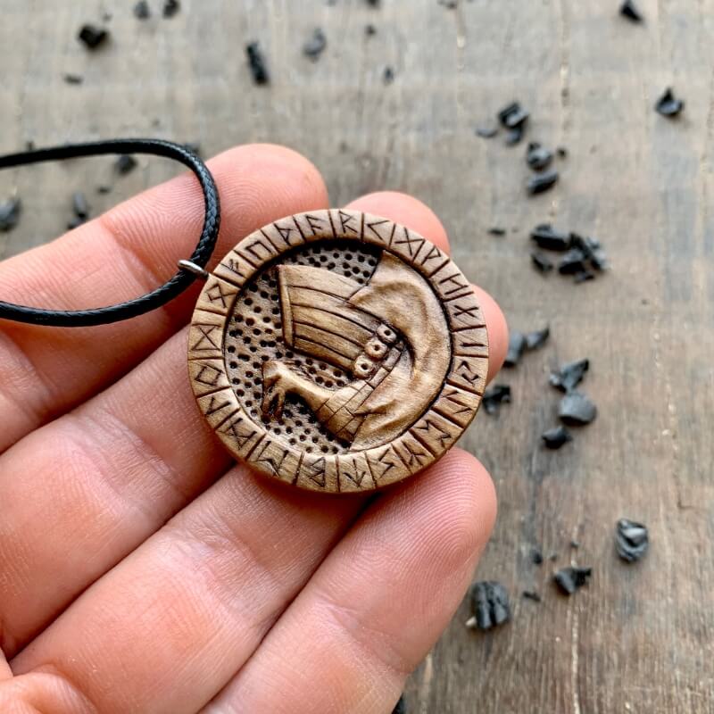 vkngjewelry Pendant Unique Wood Walnut Drakkar Runes Pendant