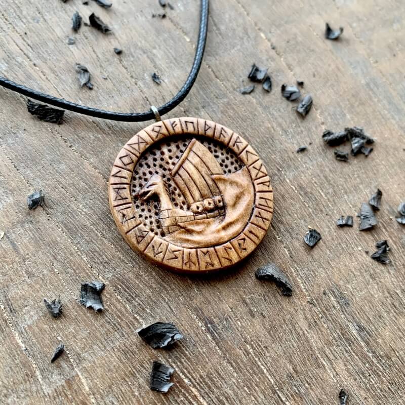vkngjewelry Pendant Unique Wood Walnut Drakkar Runes Pendant