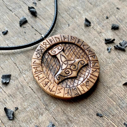 vkngjewelry Pendant Unique Wood Walnut Mjolnir Runes Pendant