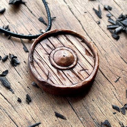 vkngjewelry Pendant Handcarved Unique Wood Walnut Viking Old Style Shield Pendant