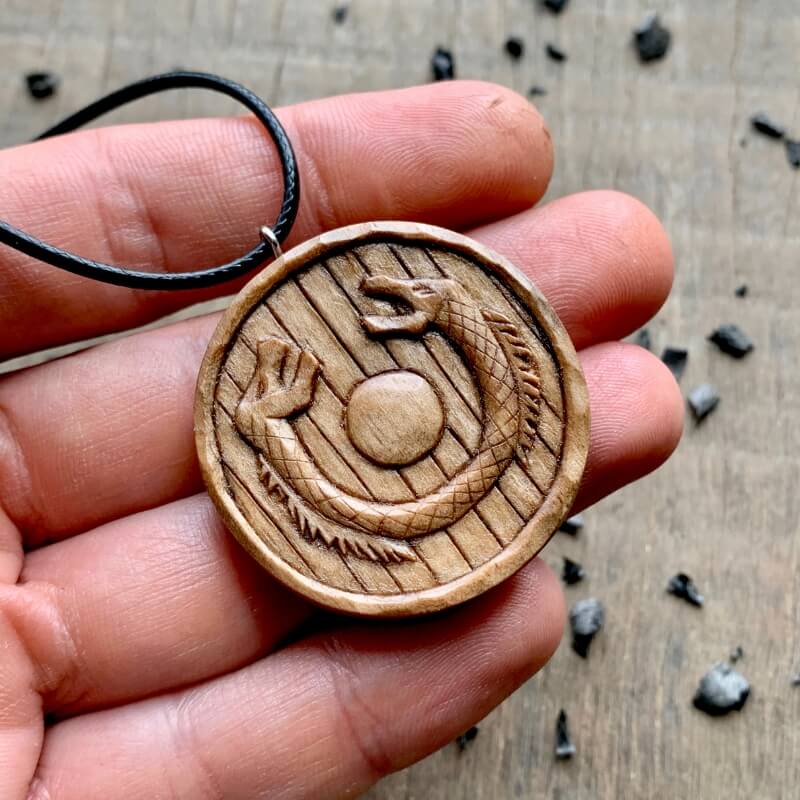 vkngjewelry Pendant Unique Wood Walnut Viking Shield Dragons Pendant