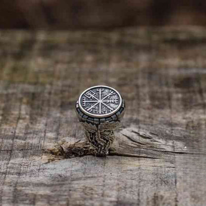 vkngjewelry Bagues Vegvisir Symbol Aka Runic Compass With Oak Leaves Sterling Silver Viking Ring