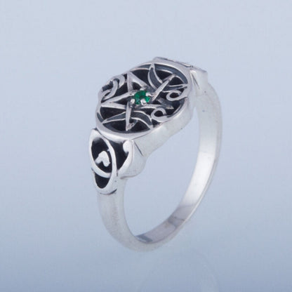 vkngjewelry Bagues Wicca Symbol Ring With Green Cubic Zirconia Sterling Silver Jewelry