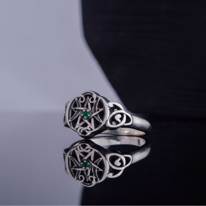 vkngjewelry Bagues Wicca Symbol Ring With Green Cubic Zirconia Sterling Silver Jewelry