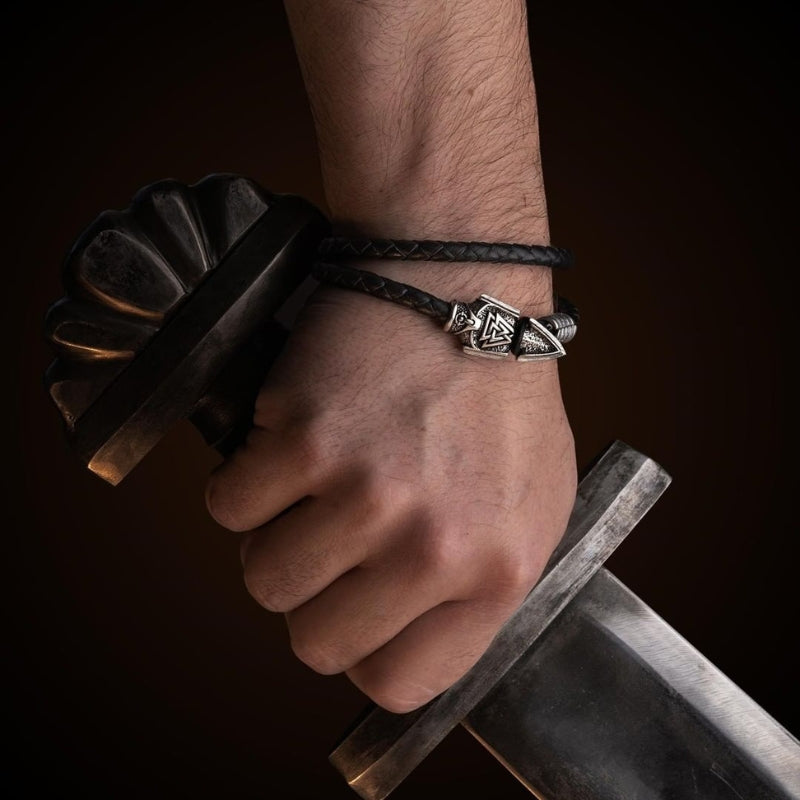 vkngjewelry Bracelet Valknut Odin's Spear Silvered Leather Bracelet