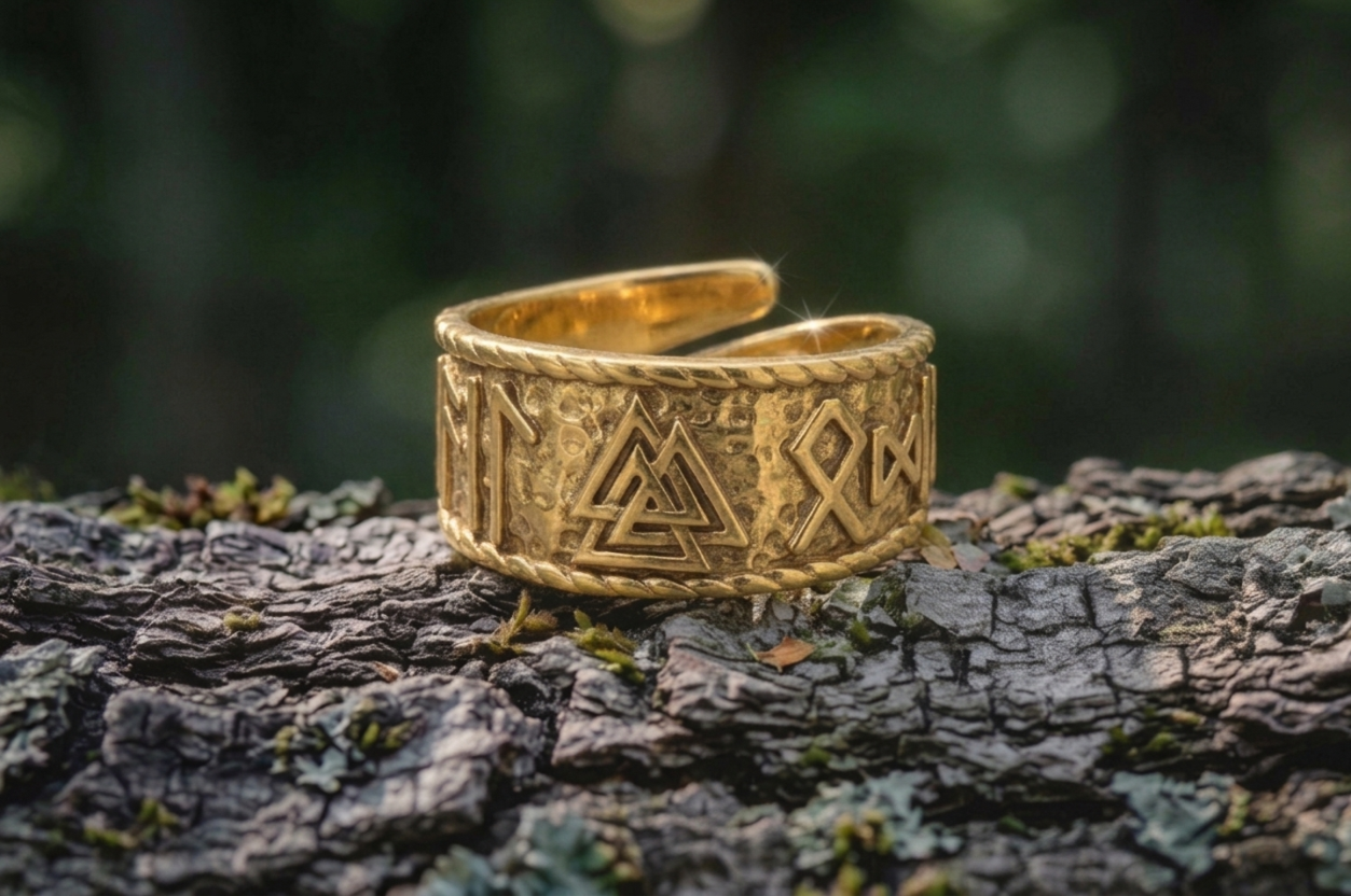 vkngjewelry Ring Handcrafted Valknut Symbol Hail Oding Runes Gold Ring