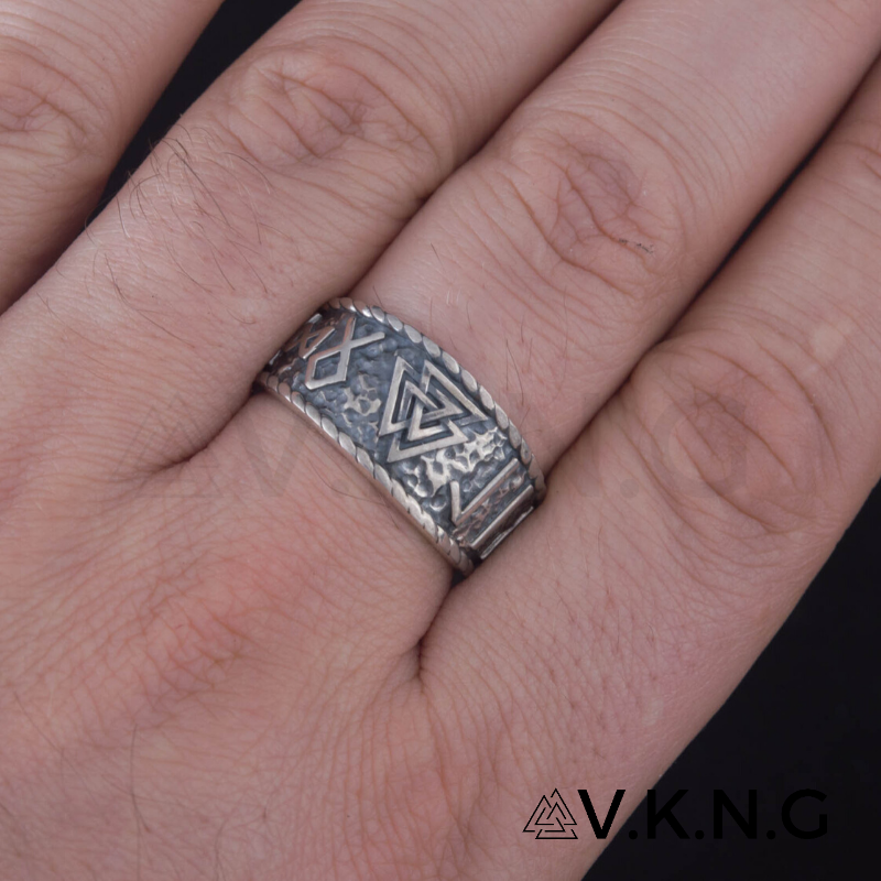 vkngjewelry Bagues Valknut Symbol With HAIL ODIN Runes Sterling Silver Ring