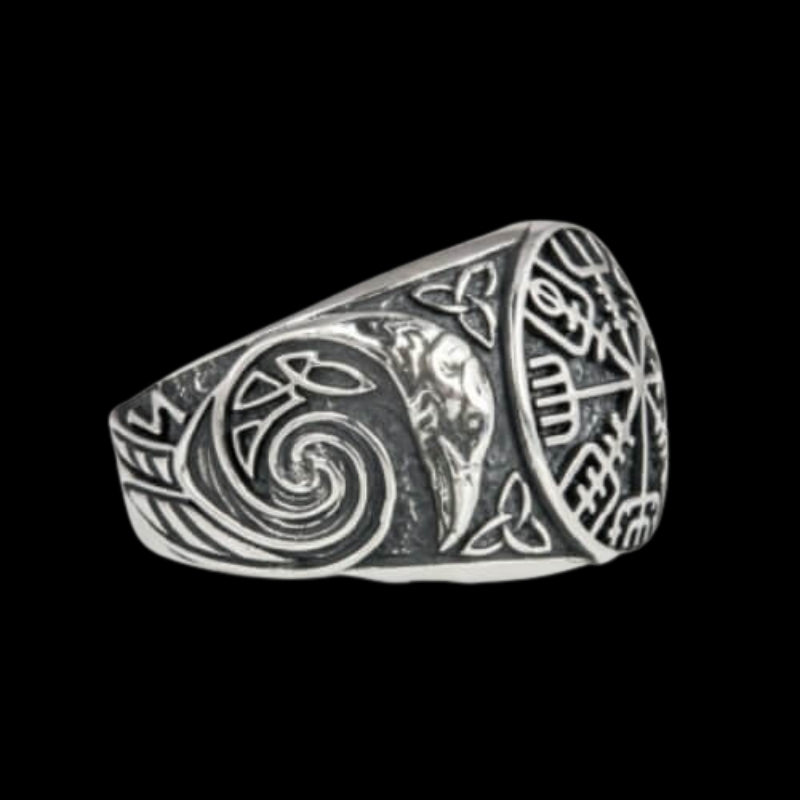 vkngjewelry Bagues Vegvisir Ancient Ravens Sides Sterling Silver Ring