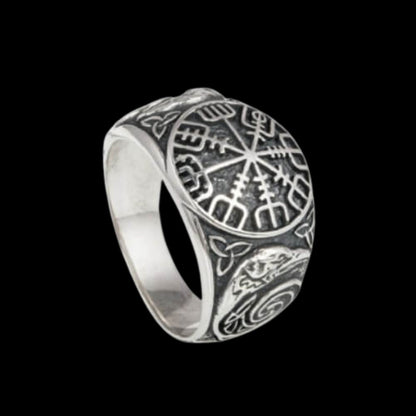 vkngjewelry Bagues Handcrafted Vegvisir Ancient Ravens Sides Sterling Silver Ring