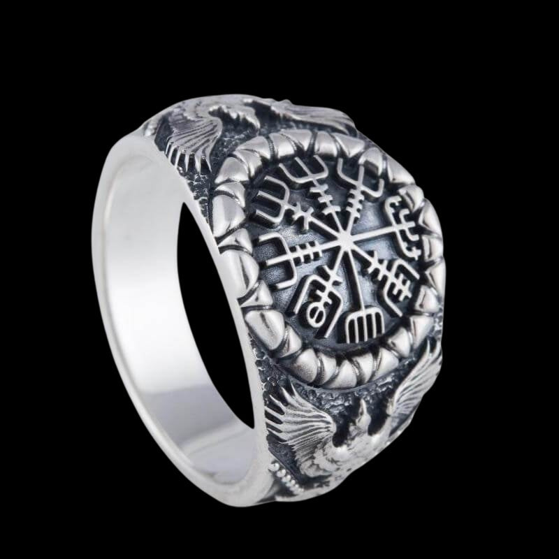 vkngjewelry Bagues Vegvisir Symbol Raven Style Silver Ring