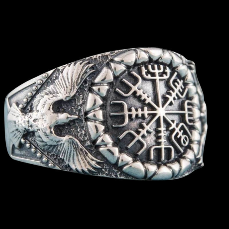 vkngjewelry Bagues Handcrafted Vegvisir Symbol Raven Style Silver Ring