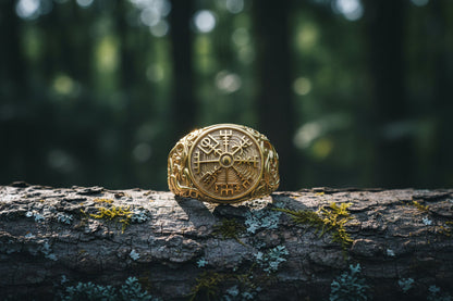 vkngjewelry Ring Handcrafted Vegvisir Symbol with Urnes Style Gold Ring