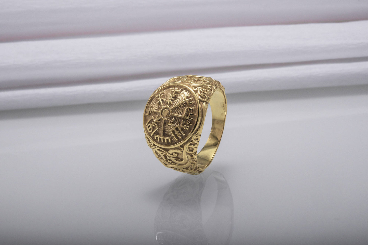 vkngjewelry Ring Handcrafted Vegvisir Symbol with Urnes Style Gold Ring